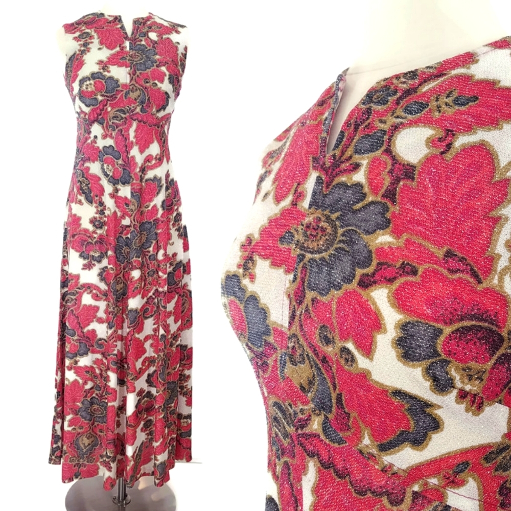 Vintage 1960s Lurex Red Maxi Dress Size Small